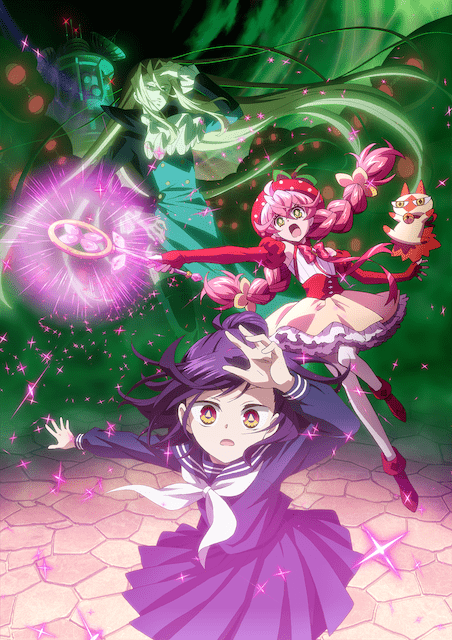 1boy, 2girls, acro_trip, ascot, berry_blossom, blonde_hair, boots, bow, bowtie, braid, building, cat, chizuko_date, chroma_(acro_trip), darkness, detached_sleeves, frilled_skirt, frills, glowing, green_background, holding, holding_staff, long_hair, magical_girl, mashirou, multiple_girls, official_art, pink_hair, ponytail, purple_hair, red_eyes, school_uniform, serafuku, skirt, staff, twin_braids, very_long_hair, violet_eyes, yellow_eyes