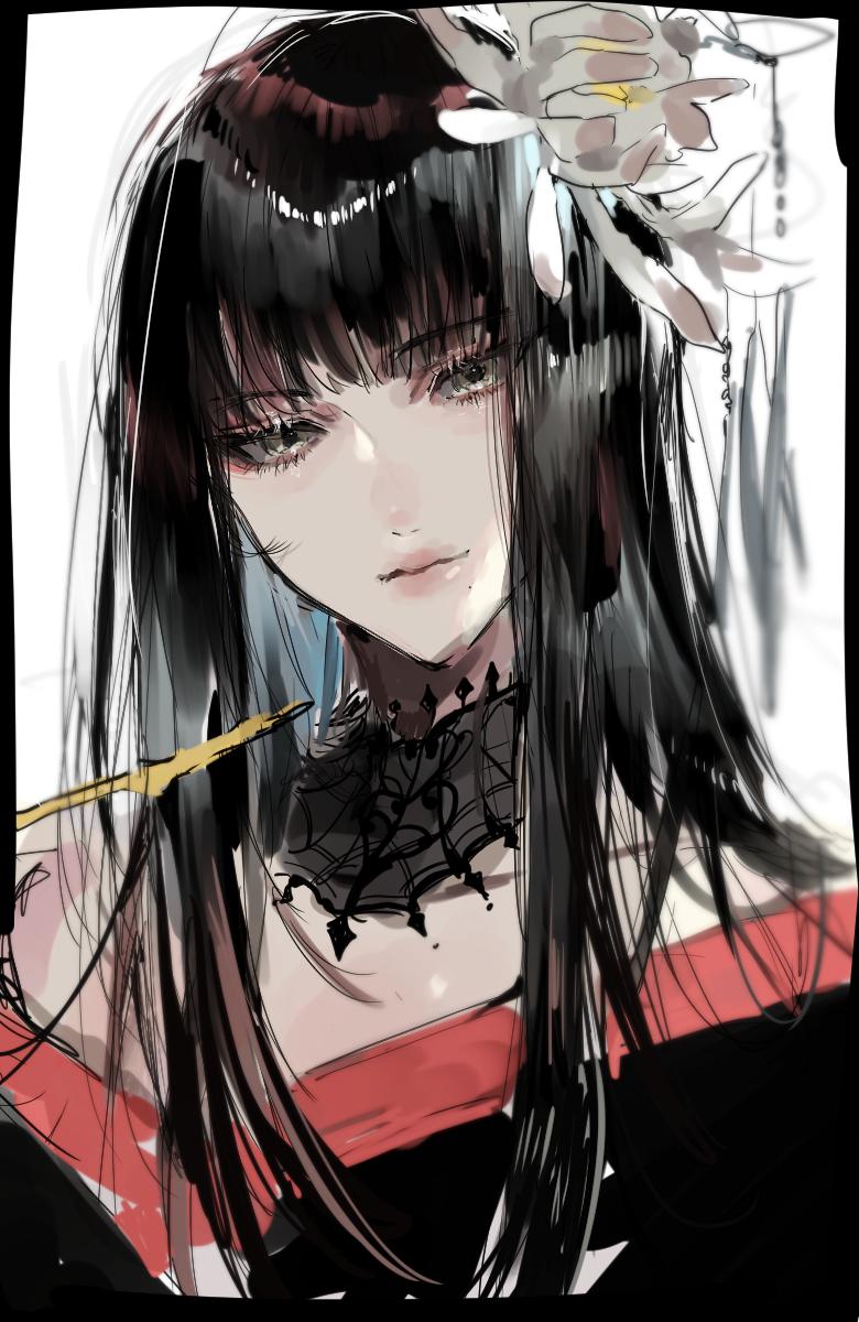 1girl, bad_id, bad_twitter_id, black_border, black_collar, black_hair, black_kimono, border