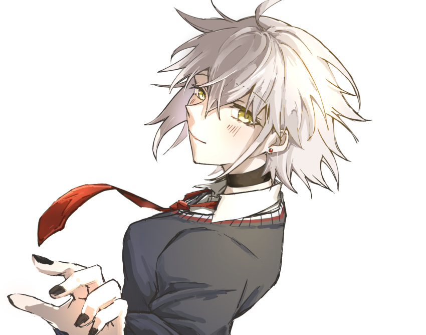 1girl, ahoge, black_choker, black_nails, blush, choker, earrings, fate/grand_order