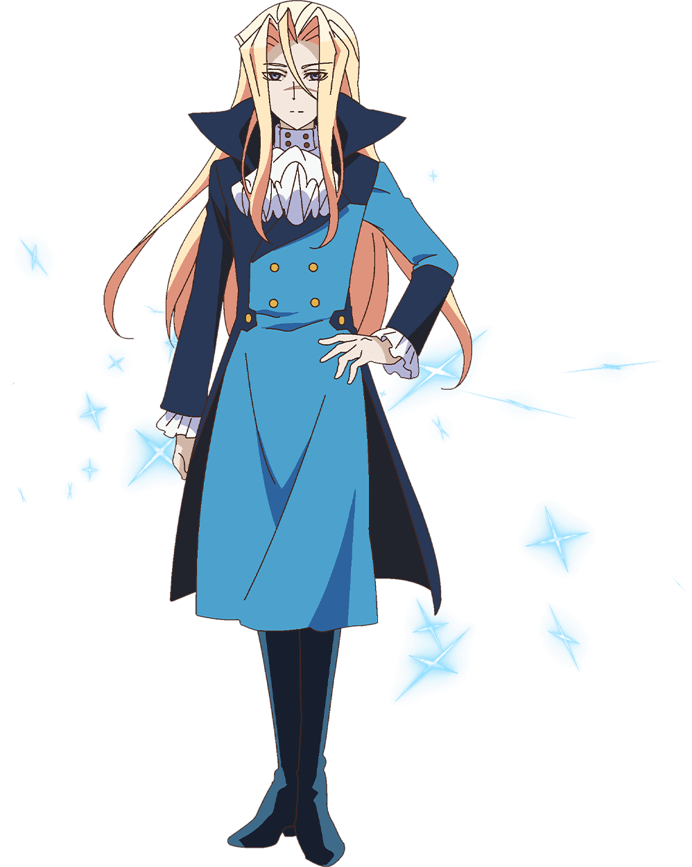 1boy, acro_trip, ascot, blonde_hair, blue_coat, blue_footwear, boots, chroma_(acro_trip), coat, collared_coat, frilled_sleeves, frills, hand_on_own_hip, highres, long_hair, multicolored_coat, non-web_source, official_art, scar, scar_on_face, serious, sparkle, transparent_background, two-tone_coat, very_long_hair, white_ascot