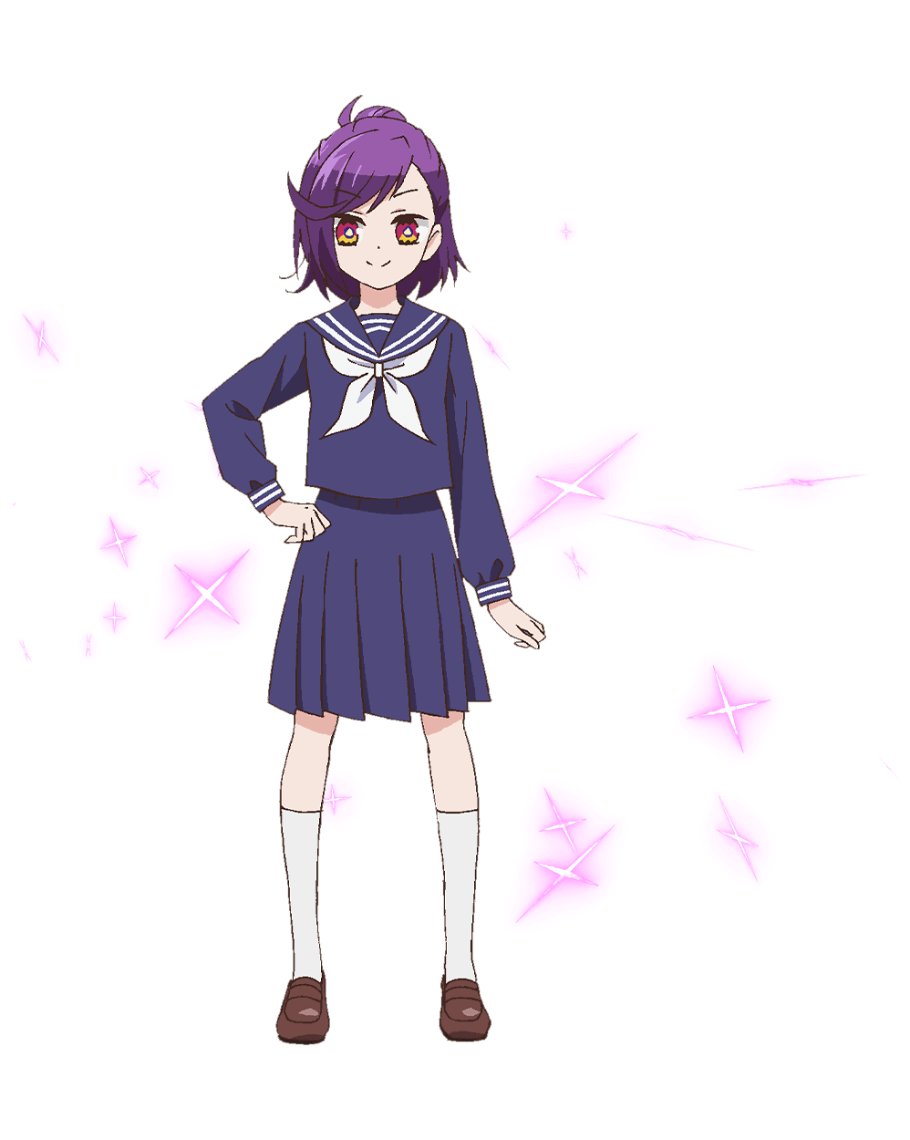 1girl, acro_trip, blue_serafuku, blue_skirt, chizuko_date, hand_on_own_hip, highres, kneehighs, light_smile, loafers, looking_at_viewer, neckerchief, non-web_source, official_art, purple_hair, school_uniform, serafuku, shoes, skirt, socks, sparkle, transparent_background, violet_eyes, white_neckerchief