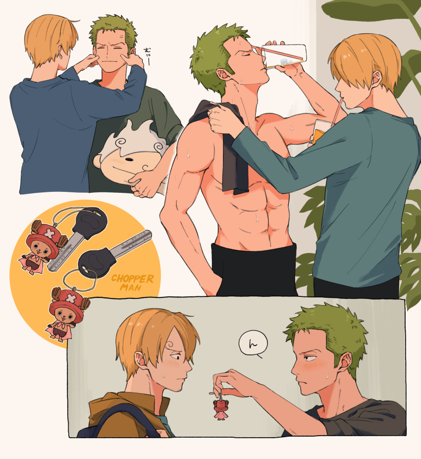 2boys, abs, absurdres, alternate_costume, anger_vein, annoyed, beard_stubble, blonde_hair