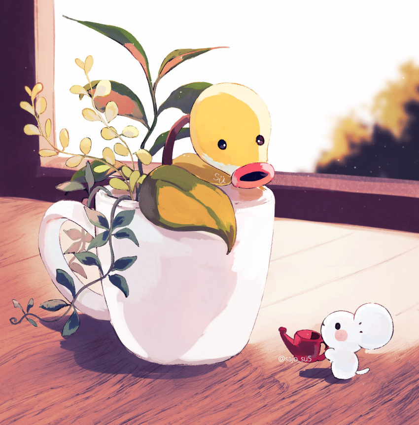 absurdres, artist_name, bellsprout, commentary_request, cup, highres, leaf, mouse