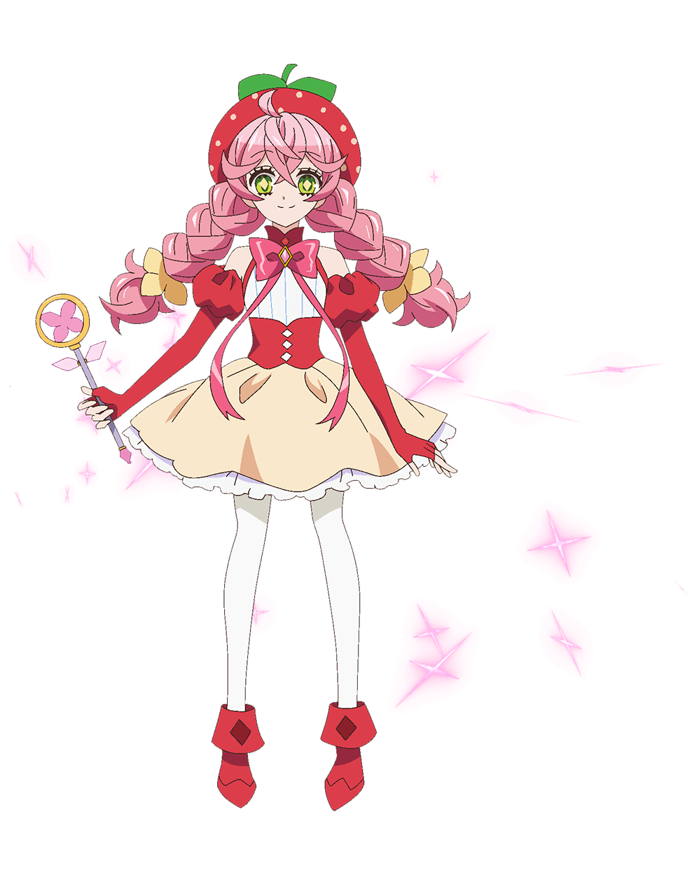 1girl, acro_trip, antenna_hair, berry_blossom, boots, bow, bowtie, braid, corset, detached_sleeves, food, fruit, highres, holding, holding_wand, long_hair, magical_girl, non-web_source, official_art, pantyhose, pink_hair, pink_skirt, red_corset, red_footwear, shirt, skirt, sparkle, strawberry, strawberry_hat, transparent_background, twin_braids, wand, white_pantyhose, white_shirt, yellow_eyes
