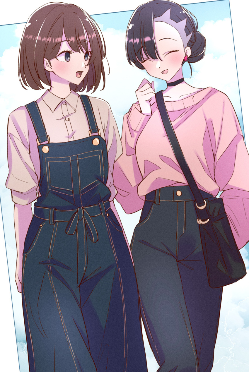 2girls, ^_^, asymmetrical_bangs, bag, black_bag, black_choker, black_hair, black_pants