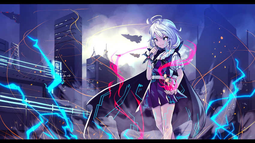 1girl, aura, black_cape, cape, commentary_request, cross, electricity, grey_eyes, grey_hair, high_collar, highres, holding, holding_cross, muse_(seihou), outdoors, puffy_short_sleeves, puffy_sleeves, purple_hair, purple_vest, seihou, shirt, short_sleeves, solo, standing, tamagokake_candy, vest, white_shirt