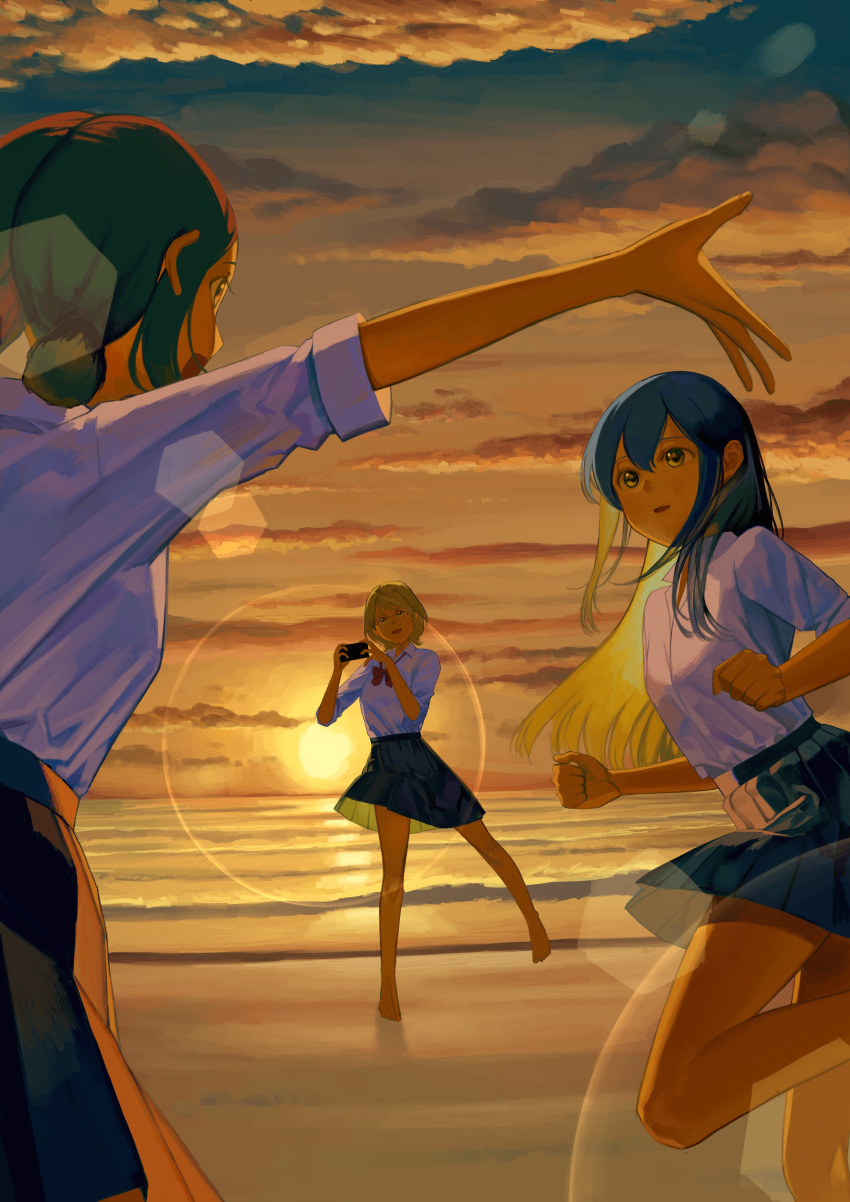 3girls, absurdres, arms_up, bare_legs, barefoot, beach, black_skirt, blonde_hair
