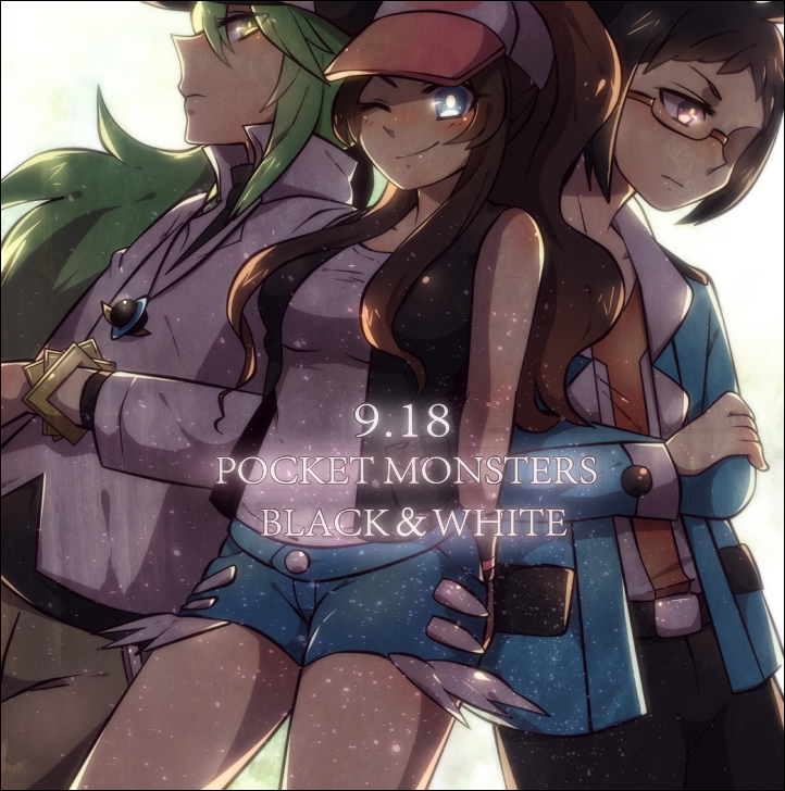 bare_shoulders, baseball_cap, belt, black_hair, blue_eyes, brown_hair, cheren_(pokemon), crossed_arms, glasses, green_eyes, green_hair, hat, jacket, long_hair, mk, n_(pokemon), pokemon, pokemon_(game), pokemon_black_and_white, pokemon_bw, ponytail, profile, short_hair, short_shorts, shorts, sleeveless, smile, standing, touko_(pokemon), vest, wink, wristband