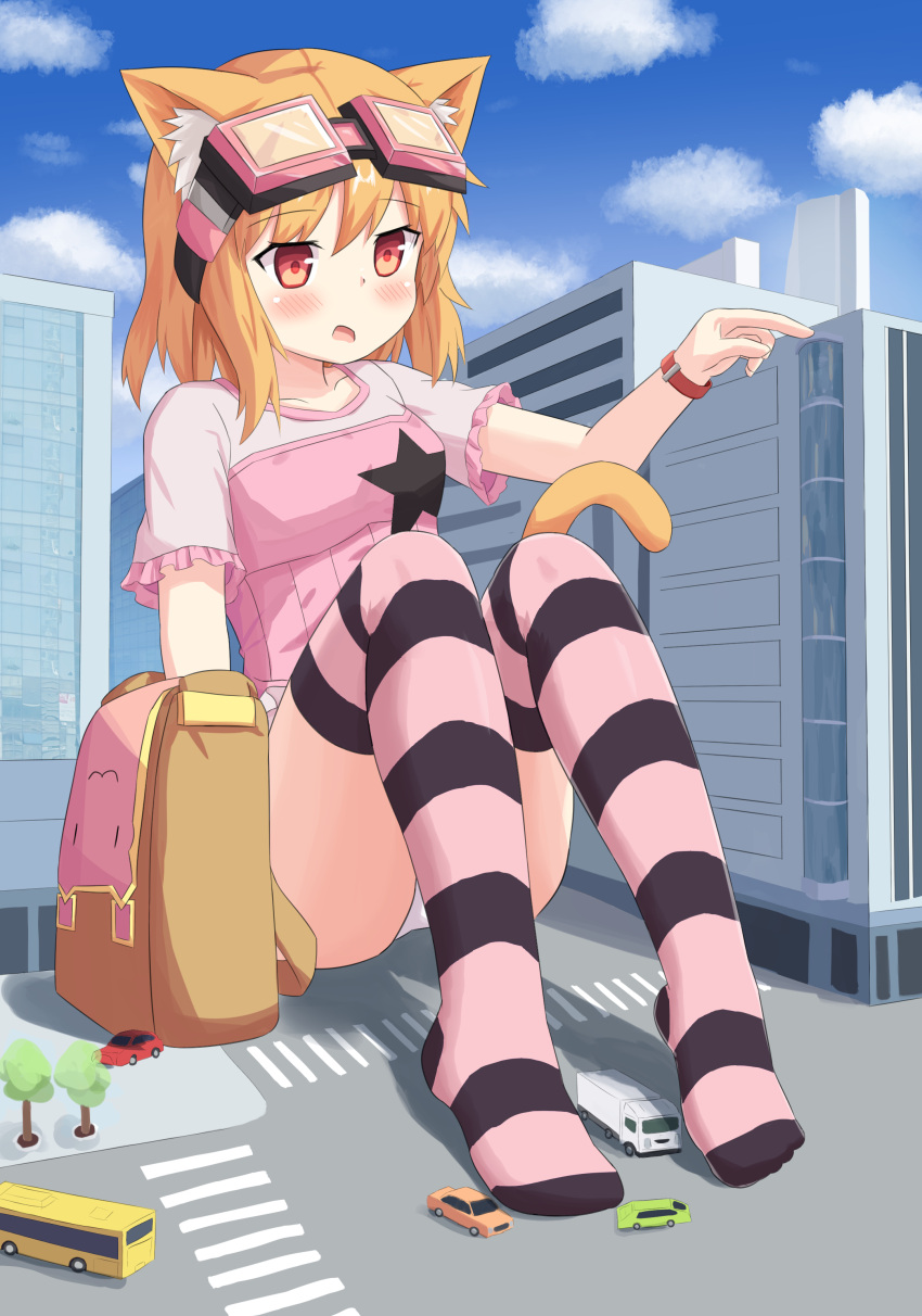 absurdres, animal_ears, bag, blonde_hair, blue_sky, blush, building, car