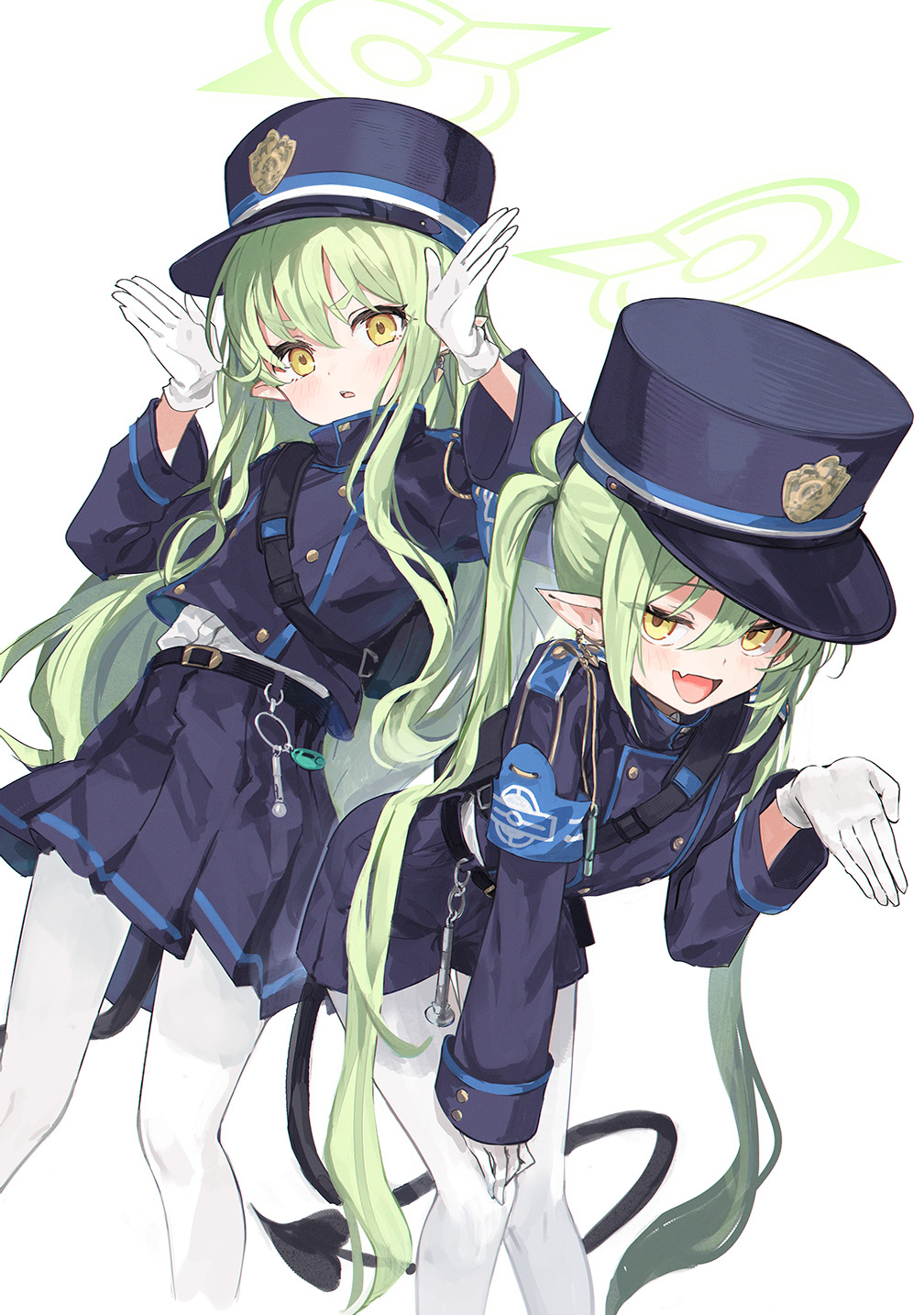 2girls, :o, armband, blue_archive, blue_armband, blue_hat, blue_jacket, blue_skirt, blush, commentary_request, demon_tail, fang, feet_out_of_frame, gloves, green_hair, halo, highlander_sidelocks_conductor_(blue_archive), highlander_twintails_conductor_(blue_archive), highres, jacket, leaning_forward, long_hair, looking_at_viewer, makihitsuji, mesugaki, multiple_girls, pantyhose, pleated_skirt, pointy_ears, shirt, shirt_peek, sidelocks, skin_fang, skirt, smug, tail, twintails, very_long_hair, white_gloves, white_pantyhose, white_shirt, yellow_eyes
