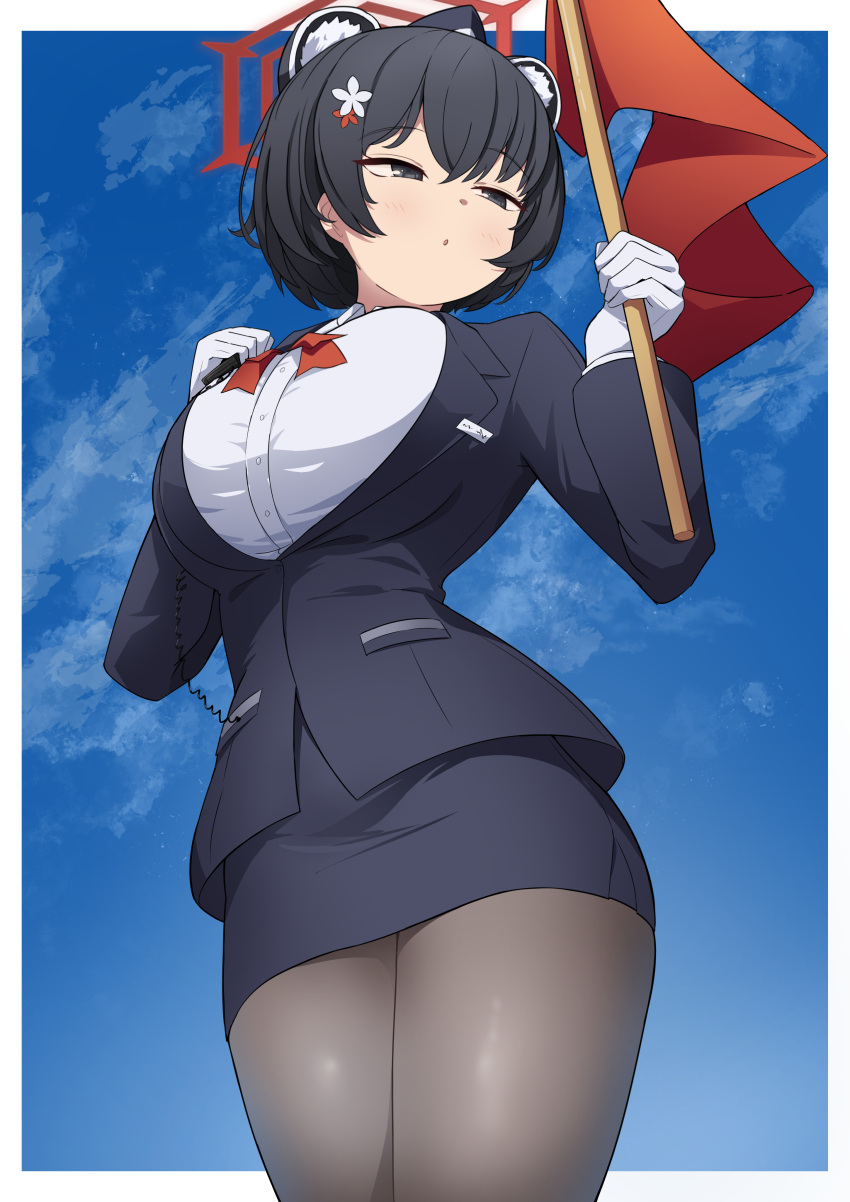 1girl, absurdres, animal_ears, black_eyes, black_hair, black_hat, black_pantyhose, black_skirt