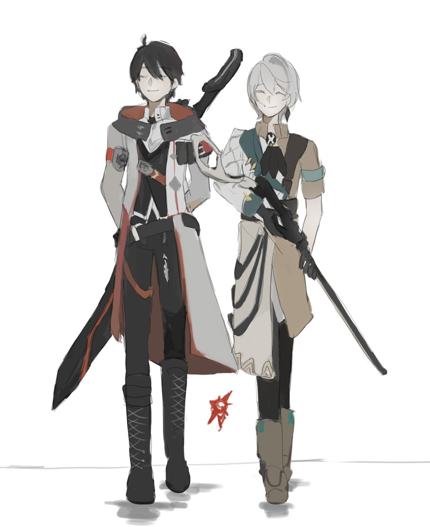 2boys, adam_(honkai_impact), black_footwear, black_pants, boots, brown_footwear, brown_hair, brown_jacket