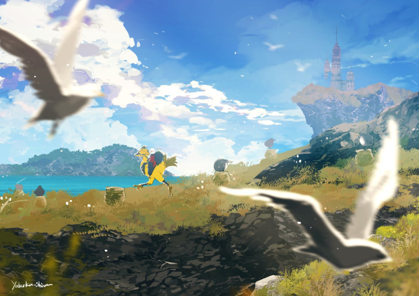 1other, bird, bird_nest, blurry, blurry_foreground, bush, chocobo, cliff, clouds, cloudy_sky, dandelion, dodo_(bird), final_fantasy, final_fantasy_xiv, flower, full_body, grass, hill, lalafell, lighthouse, ocean, riding, riding_bird, seagull, signature, sky, solo, white_hair, yabuka_shiwa