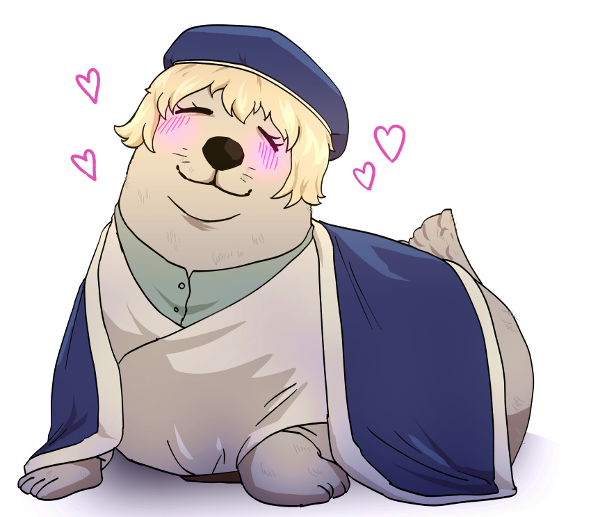 1girl, absurdres, animalization, blonde_hair, blue_hat, blue_robe, blush, closed_eyes, dungeon_meshi, falin_thorden, falin_thorden_(tallman), green_shirt, hat, heart, highres, mae_tnn, robe, seal_(animal), shirt, short_hair, simple_background, solo, white_background