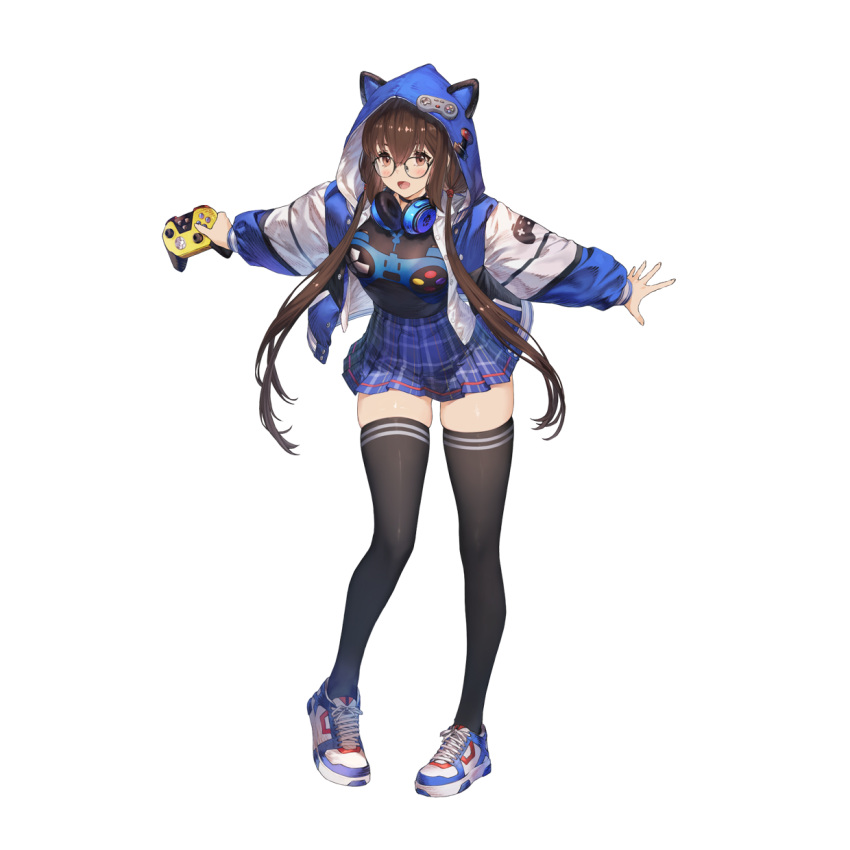 1girl, animal_ear_hood, black_shirt, black_thighhighs, blue_hoodie, blue_skirt, blush, breasts, brown_dust_2, brown_eyes, brown_hair, checkered_clothes, checkered_skirt, controller, eyebrows_hidden_by_hair, full_body, game_controller, game_controller_print, hair_between_eyes, headphones, headphones_around_neck, highres, holding, holding_controller, holding_game_controller, hood, hoodie, long_hair, looking_at_viewer, medium_breasts, official_art, outstretched_arms, rafina_(brown_dust), round_eyewear, school_uniform, second-party_source, shirt, shoes, skindentation, skirt, sneakers, solo, spread_arms, thigh-highs, tiptoes, twintails