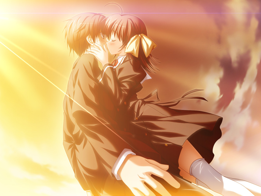 1girl, blush, bow, brown_hair, closed_eyes, cloud, clouds, couple