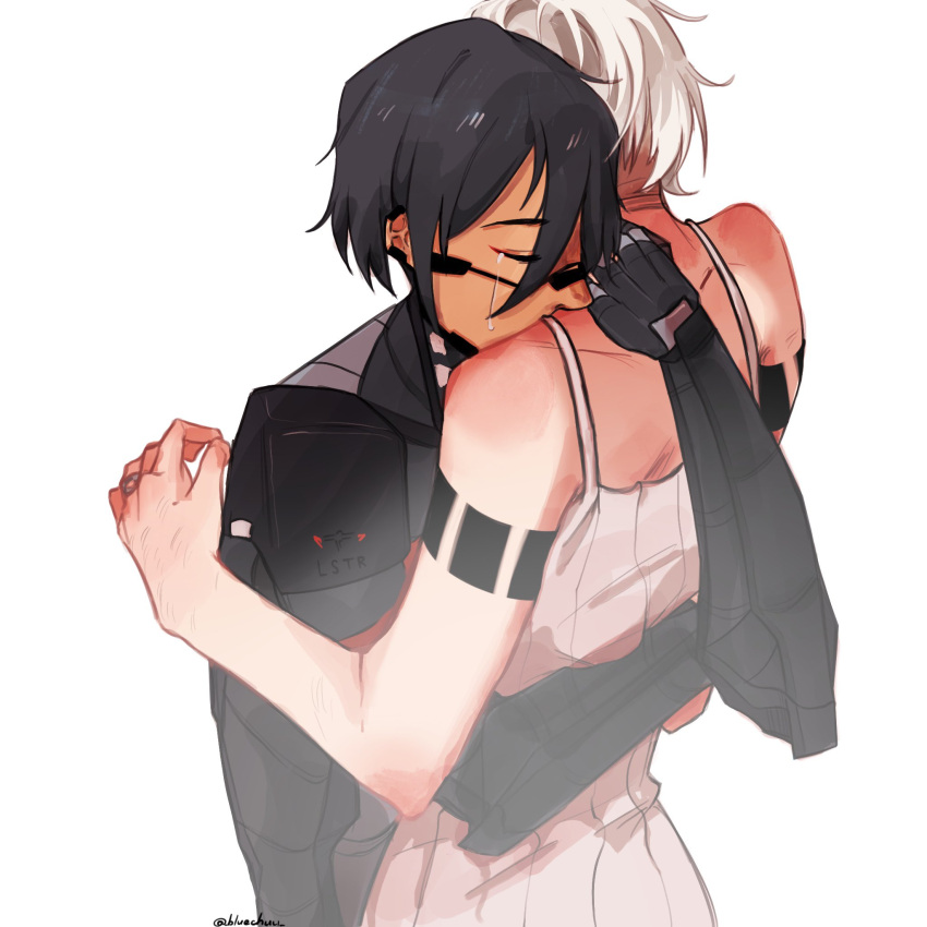 2girls, android, ariane_yeong, arm_tattoo, barcode, barcode_tattoo, black_hair, bluechuu