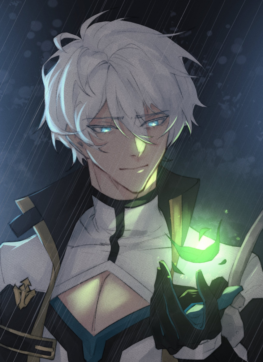 1boy, absurdres, bishounen, black_gloves, blue_eyes, chihuahuarien, closed_mouth, coat, english_commentary, floating, gloves, glowing, highres, honkai_(series), honkai_impact_3rd, kevin_kaslana, long_sleeves, male_focus, rain, short_hair, smile, solo, upper_body, white_coat, white_hair