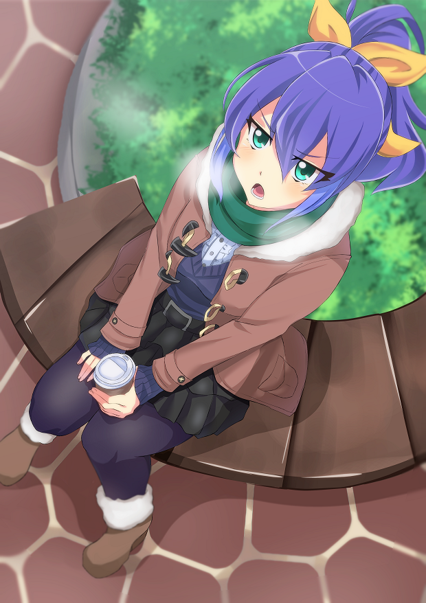 1girl, akatsu_masato, alternate_costume, bench, boots, brown_jacket, commentary_request, cup