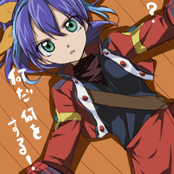 1girl, ?, black_shirt, blue_hair, duel_academy_uniform_(yu-gi-oh!_arc-v), green_eyes, hair_between_eyes, hair_ribbon