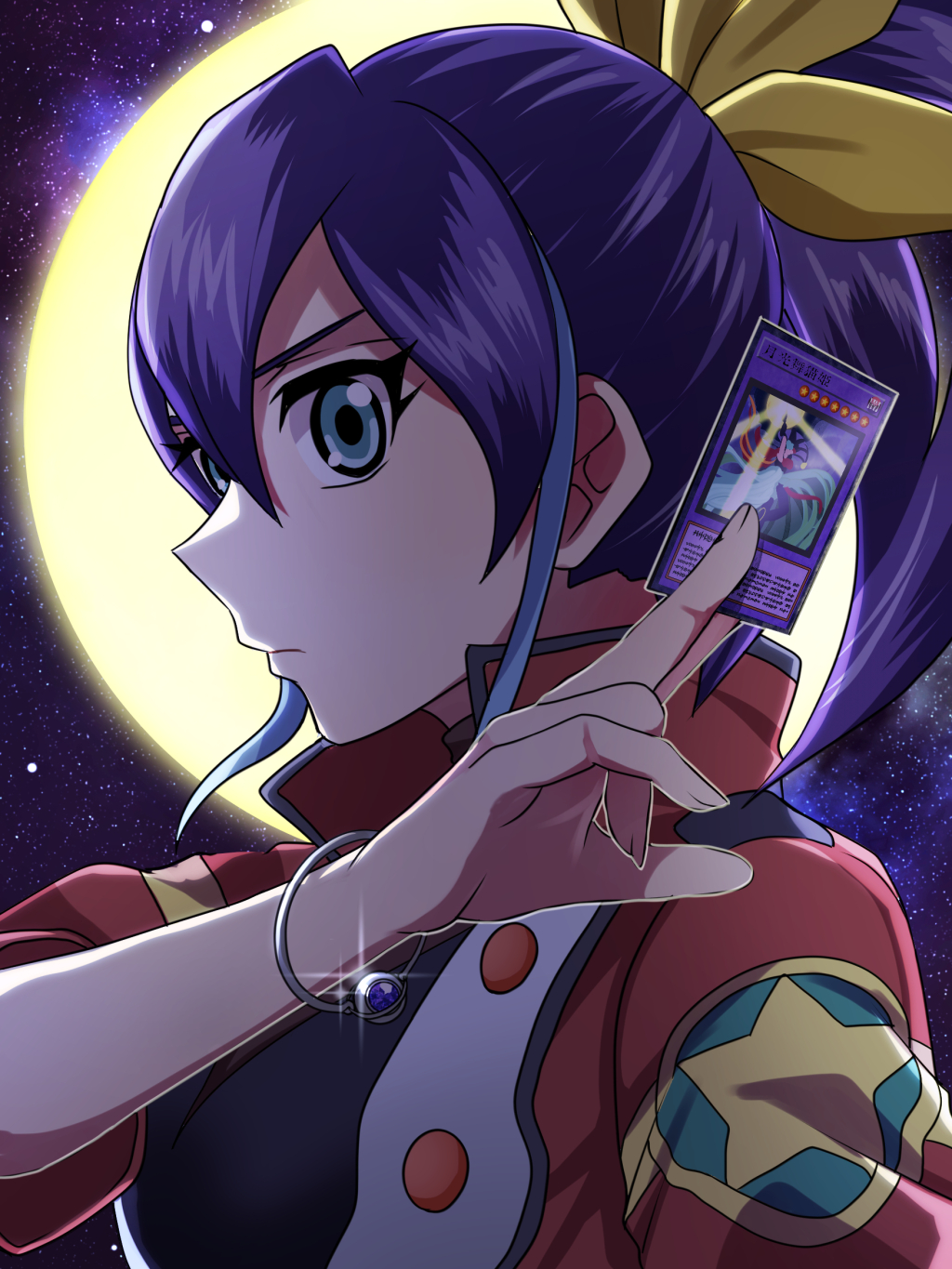 1girl, blue_hair, bracelet, card, close-up, closed_mouth, duel_academy_uniform_(yu-gi-oh!_arc-v), duel_monster