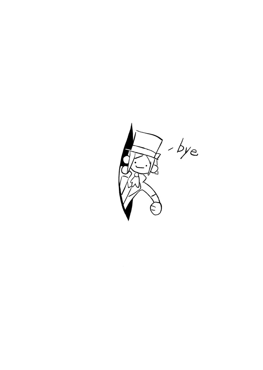 ._., 1girl, ascot, chibi, child's_drawing, english_text, goodbye, hat