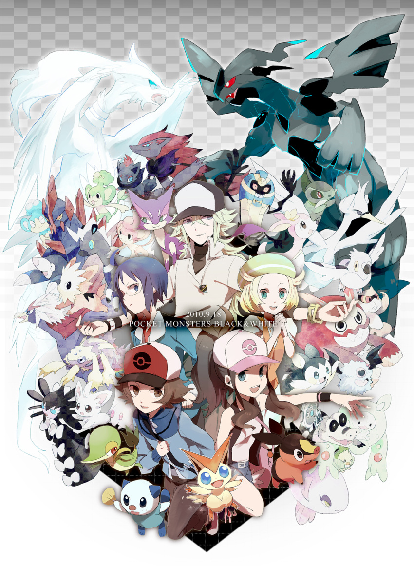 absolutely_everyone, axew, baseball_cap, bel_(pokemon), bell_(pokemon), black_hair, blitzle, blonde_hair