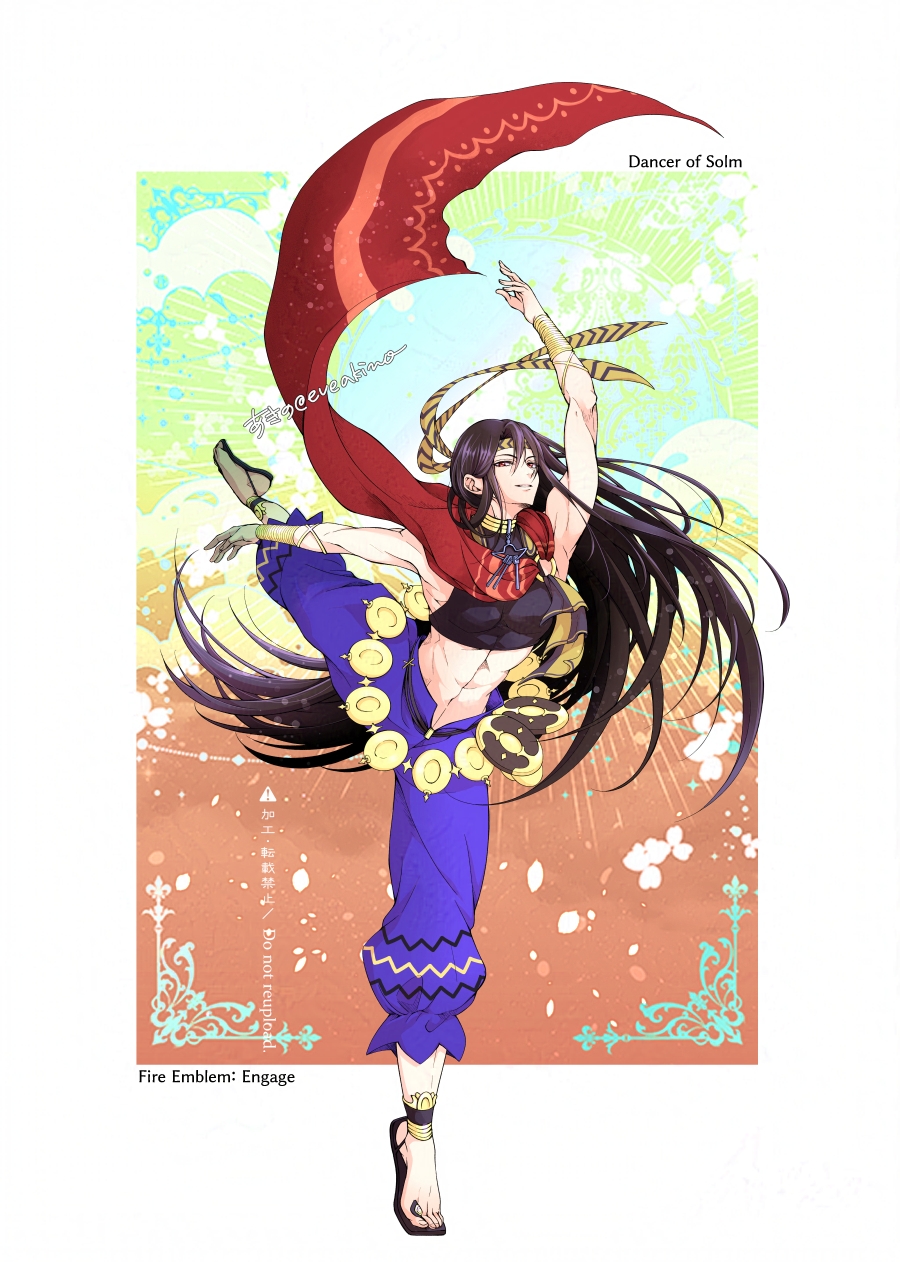 1boy, akino_(eveplus), black_hair, commentary_request, crop_top, dancer, fire_emblem, fire_emblem_engage