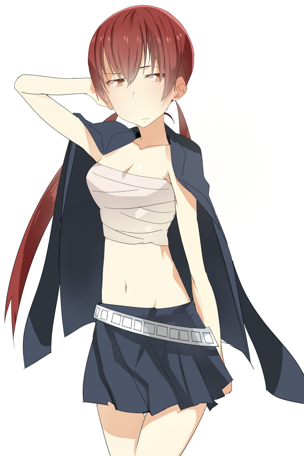 belt, blazer, highres, jacket_on_shoulders, long_hair, midriff, musujime_awaki, navel