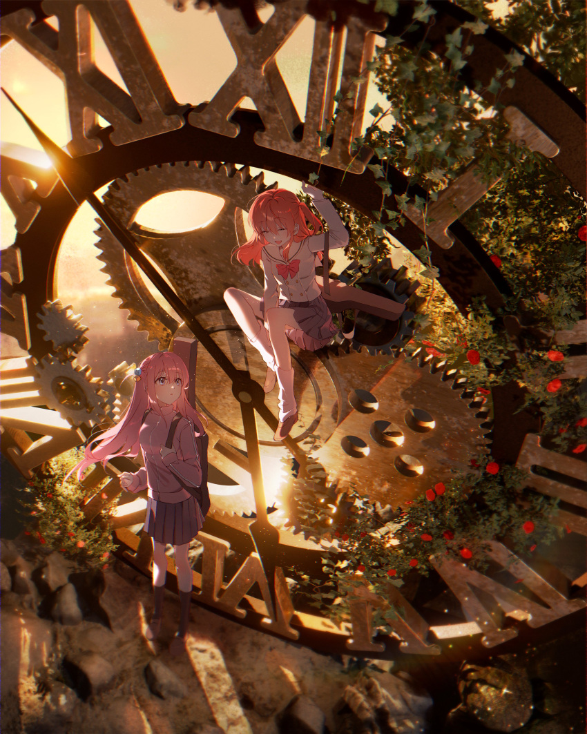 2girls, absurdres, backlighting, black_skirt, blue_eyes, bocchi_the_rock!, bow, bowtie