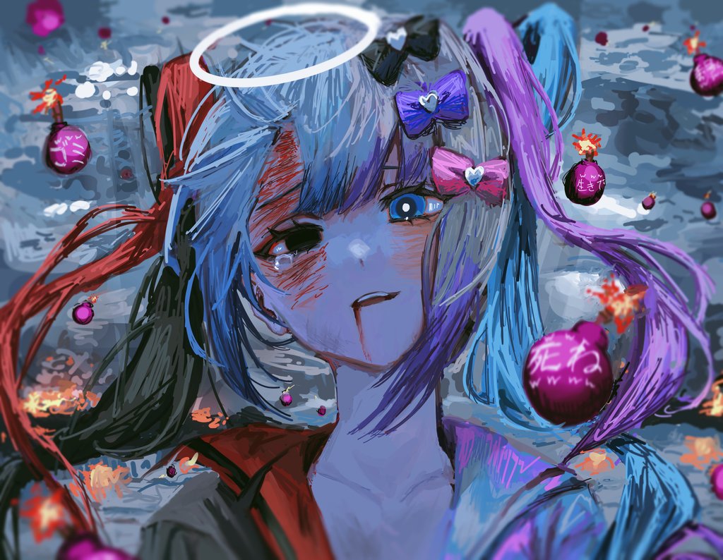 1girl, black_bow, black_hair, blood, blood_from_mouth, blood_on_face, blue_eyes, blue_hair