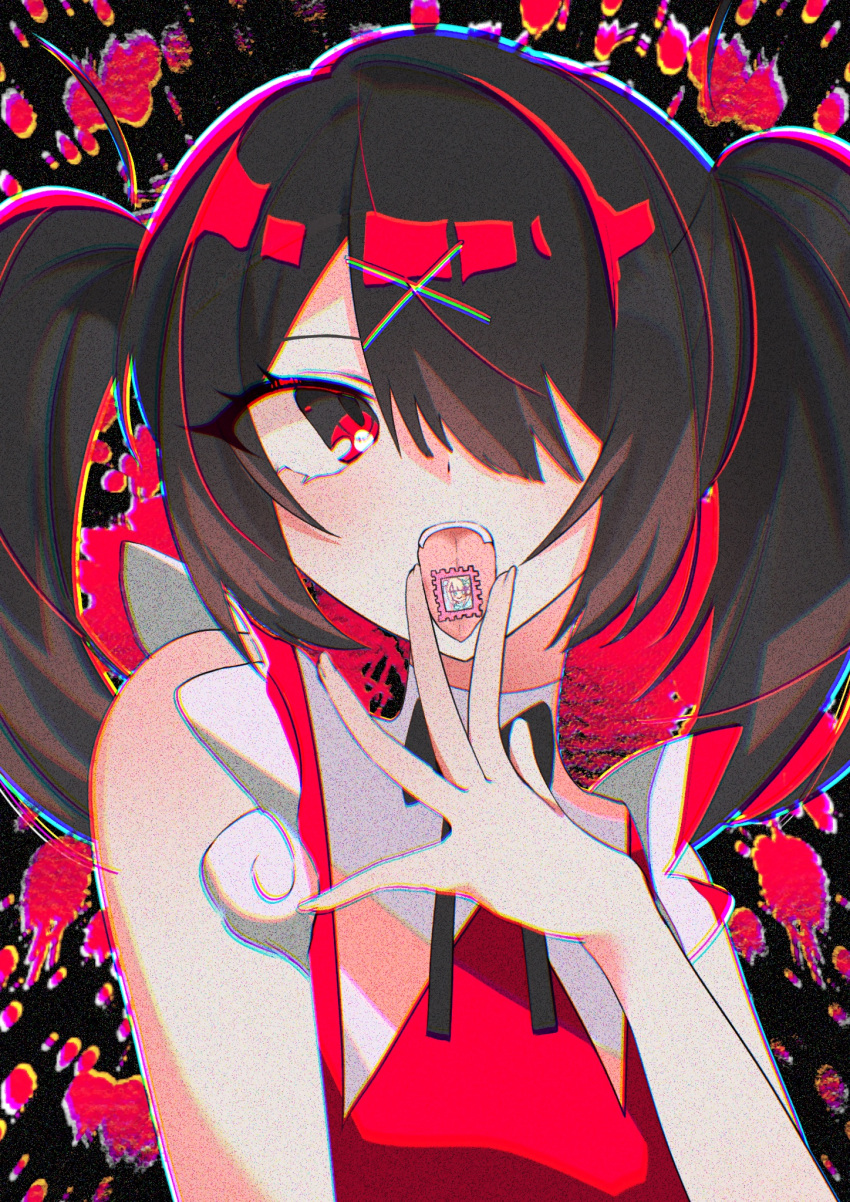 1girl, ame-chan_(needy_girl_overdose), black_hair, black_ribbon, blood, blood_splatter, chouzetsusaikawa_tenshi-chan, chromatic_aberration