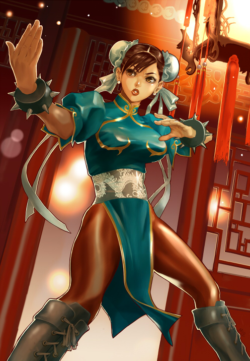 brown_eyes, brown_hair, brown_pantyhose, capcom, chun-li, jewelry, mophat, pantyhose, sakakibara_mizuki, solo, spiked_bracelet, spikes, street_fighter