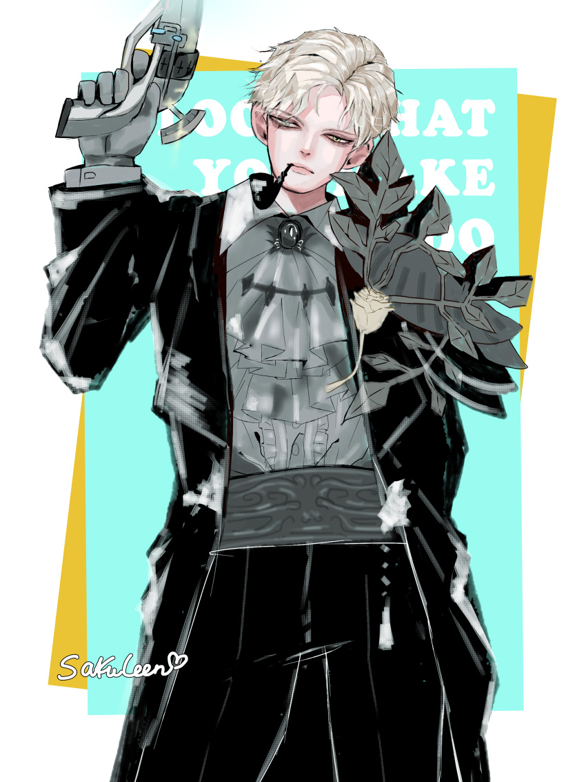 1boy, absurdres, ascot, bags_under_eyes, black_coat, black_pants, character_request, coat
