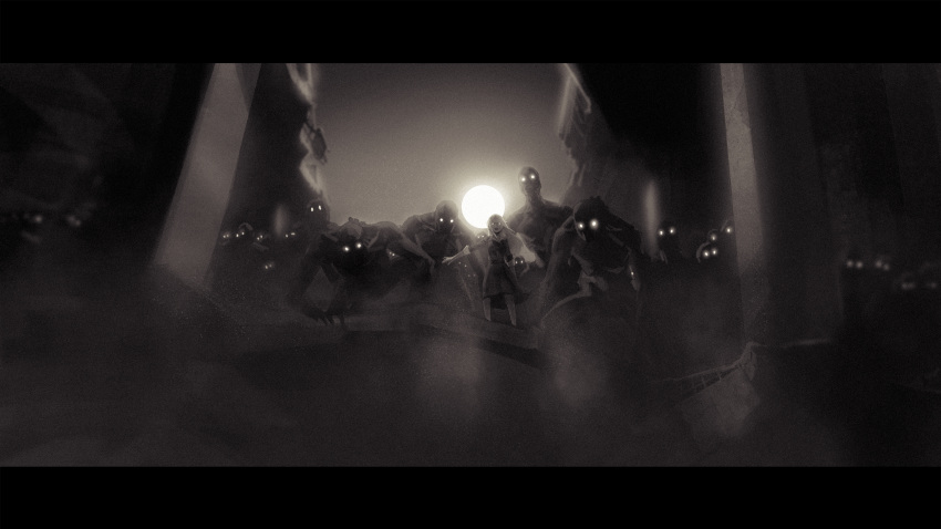 1girl, 6+others, absurdres, apocalypse, arm_up, black_border, blurry, border, building, character_request, collapsed, collar, collarbone, collared_dress, creature, depth_of_field, dress, film_border, film_grain, from_below, full_moon, glowing, glowing_eyes, gogalking, grey_dress, grey_sky, greyscale, hand_on_ground, highres, horror_(theme), leaning_forward, long_hair, looking_at_viewer, looking_down, monochrome, monster, moon, moonlight, multiple_others, night, night_sky, open_mouth, original, outdoors, pillar, ribs, rubble, ruins, shaded_face, sidelocks, skinny, sky, solo_focus, spine, spine_bumps, standing, stop_(gesture), surrounded, swept_bangs, teeth, upper_teeth_only, very_wide_shot, white_hair, wind, wreckage