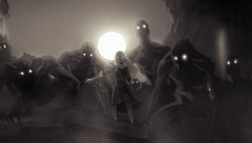 1girl, 6+others, apocalypse, arm_up, building, character_request, collapsed, collar