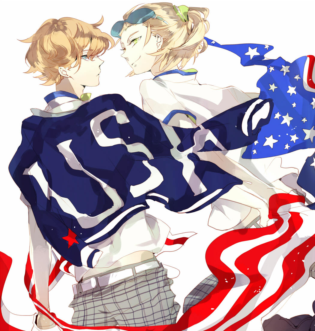 american_flag, blonde_hair, blue_eyes, dylan_keith, glasses, green_eyes, inazuma_eleven, jacket, looking_back, male, mark_kluger, mark_kruger, multiple_boys, short_hair, smile, suou