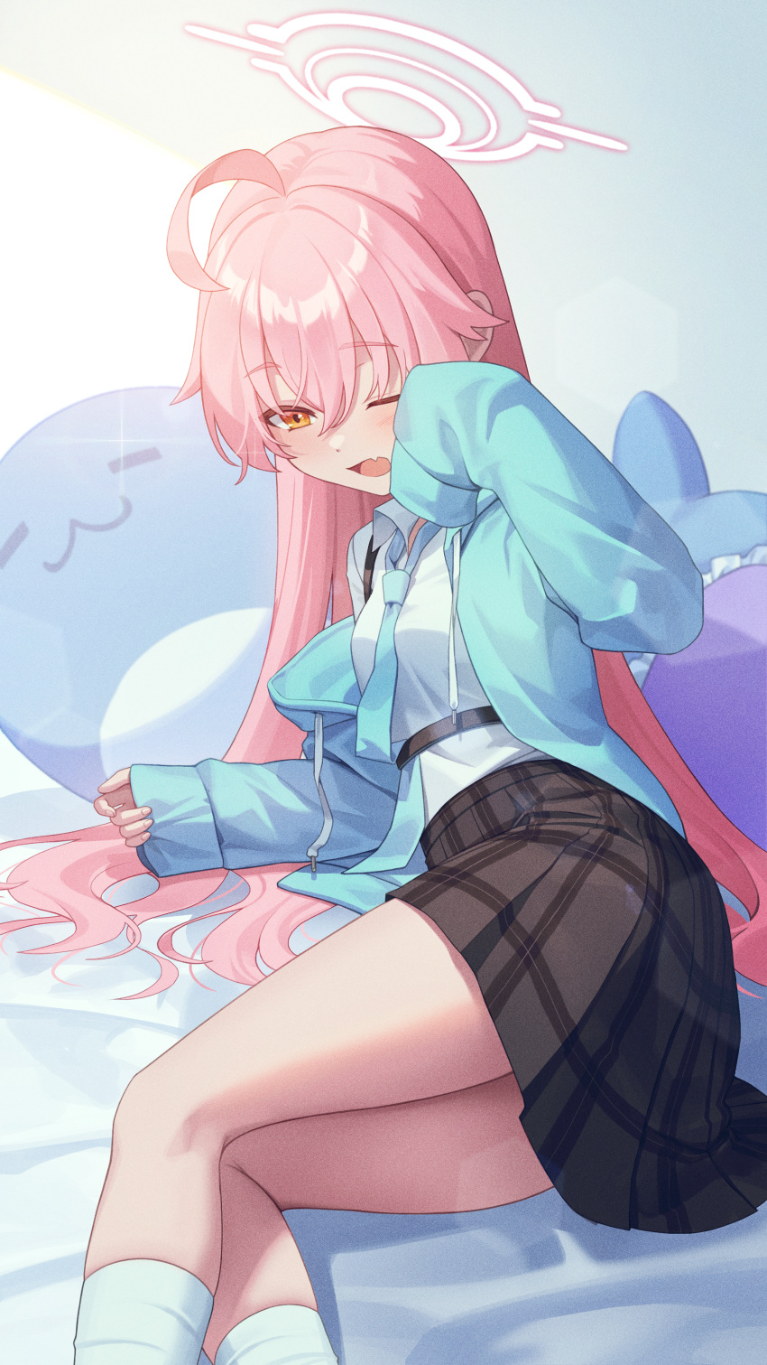 1girl, absurdres, ahoge, black_skirt, blue_archive, blue_jacket, blue_necktie, blush, breasts, collared_shirt, fang, feet_out_of_frame, halo, highres, hoshino_(blue_archive), inflatable_toy, inflatable_whale, jacket, long_hair, long_sleeves, necktie, one_eye_closed, open_clothes, open_jacket, open_mouth, pink_hair, pink_halo, pleated_skirt, shirt, skin_fang, skirt, small_breasts, socks, solo, white_shirt, white_socks, yellow_eyes, yungjing