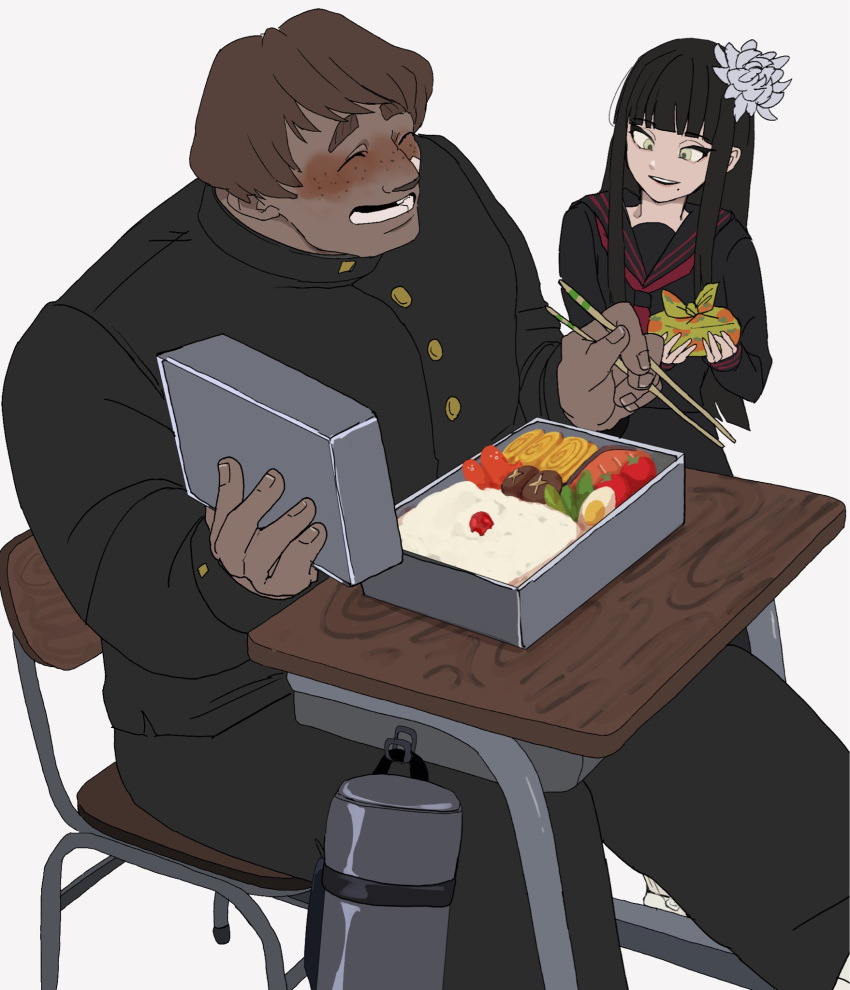 1boy, 1girl, :d, ^_^, bandaid, bandaid_on_cheek, bandaid_on_face, bento, black_hair, black_jacket, black_pants, blunt_bangs, blush, brown_hair, buttons, chair, chopsticks, closed_eyes, contemporary, desk, feet_out_of_frame, final_fantasy, final_fantasy_xiv, flower, food, food_art, freckles, gakuran, glaa_da, green_eyes, grynewaht_pyr_arvina, hair_flower, hair_ornament, highres, holding, holding_chopsticks, holding_food, hyur, jacket, long_hair, lunchbox, mole, mole_under_mouth, official_alternate_costume, omelet, on_chair, open_mouth, pants, roegadyn, sailor_collar, school_chair, school_desk, school_uniform, serafuku, short_hair, sidelocks, simple_background, sitting, smile, standing, straight_hair, tako-san_wiener, tall_male, tamagoyaki, tomato, white_background, white_flower, yotsuyu_goe_brutus