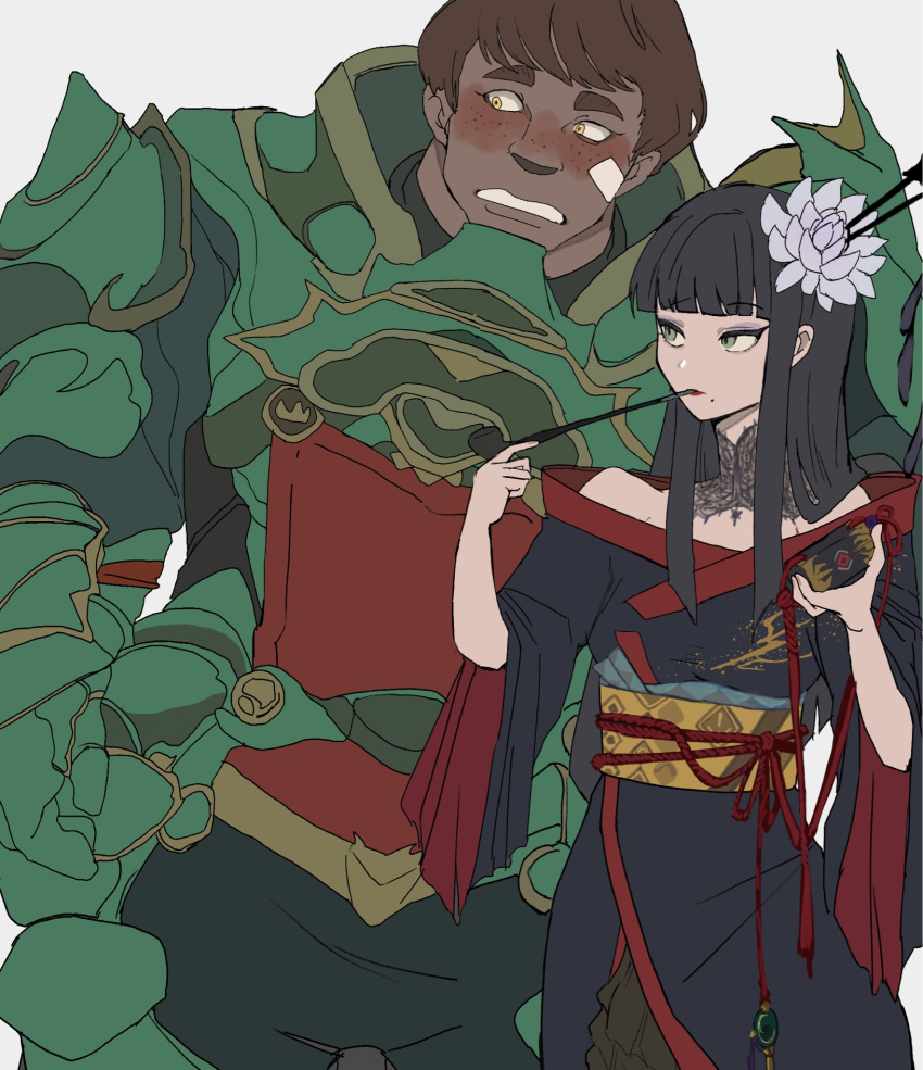 1boy, 1girl, armor, bandaid, bandaid_on_cheek, bandaid_on_face, black_collar, black_hair, black_kimono, blunt_bangs, blush, breastplate, brown_hair, collar, cowboy_shot, expressionless, final_fantasy, final_fantasy_xiv, flower, freckles, gauntlets, glaa_da, green_eyes, grynewaht_pyr_arvina, hair_flower, hair_ornament, hair_stick, hands_up, highres, holding, holding_smoking_pipe, hyur, inrou, japanese_clothes, kimono, kiseru, lace_collar, long_hair, looking_to_the_side, mole, mole_under_mouth, obi, obiage, obijime, pauldrons, red_trim, roegadyn, sash, short_hair, shoulder_armor, sidelocks, sideways_glance, simple_background, smoking_pipe, standing, straight_hair, two-sided_fabric, white_background, white_flower, yellow_eyes, yotsuyu_goe_brutus
