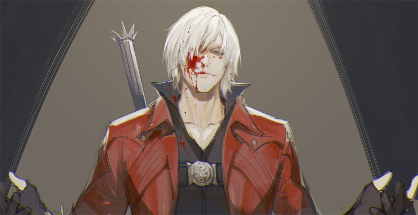 1boy, blood, blood_on_face, blue_eyes, coat, cumcmn, dante_(devil_may_cry), devil_may_cry_(series), devil_may_cry_4, fingerless_gloves, gloves, hair_over_one_eye, highres, looking_at_viewer, male_focus, red_coat, simple_background, smile, solo, white_hair