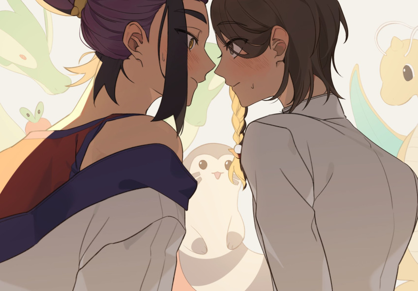 1boy, 1girl, antennae, applin, black_hair, blush, braid, brown_eyes
