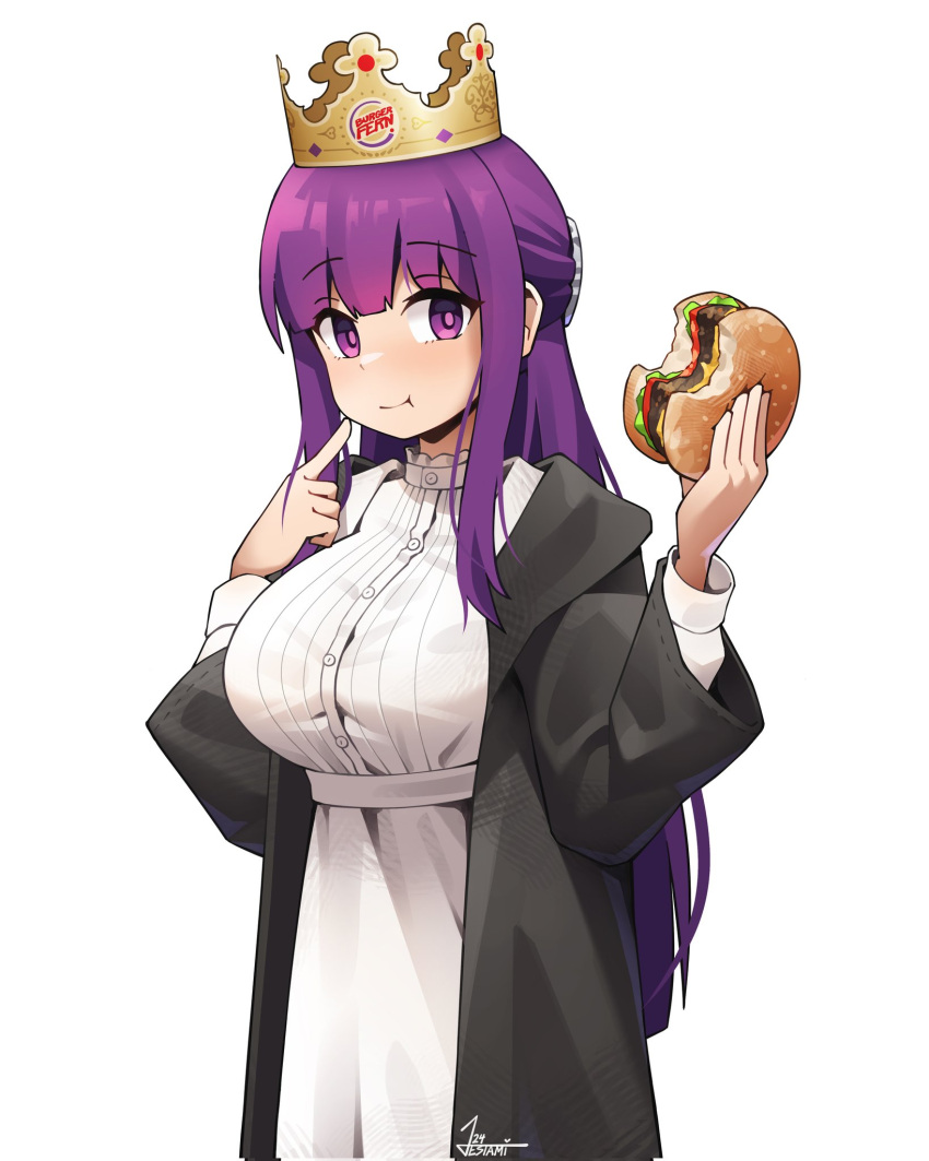 1girl, black_robe, brand_name_imitation, breasts, burger, burger_king, closed_mouth, commentary