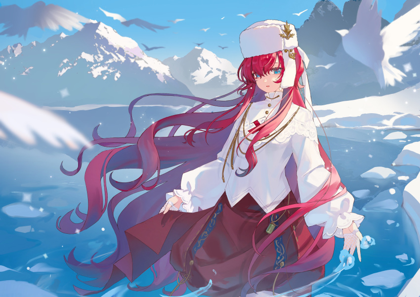 1girl, absurdres, bird, blue_eyes, blue_sky, cowboy_shot, fishnet_gloves, fishnets, fur_hat, gloves, hair_between_eyes, hat, highres, ice, long_hair, long_sleeves, looking_at_viewer, miniskirt, mountain, nature, outdoors, parted_lips, puffy_long_sleeves, puffy_sleeves, red_skirt, redhead, reverse:1999, shirt, sidelocks, skirt, sky, smile, snow, solo, ushanka, very_long_hair, wading, water, white_bird, white_gloves, white_hat, white_shirt, xianyu_huan, yenisei_(reverse:1999)