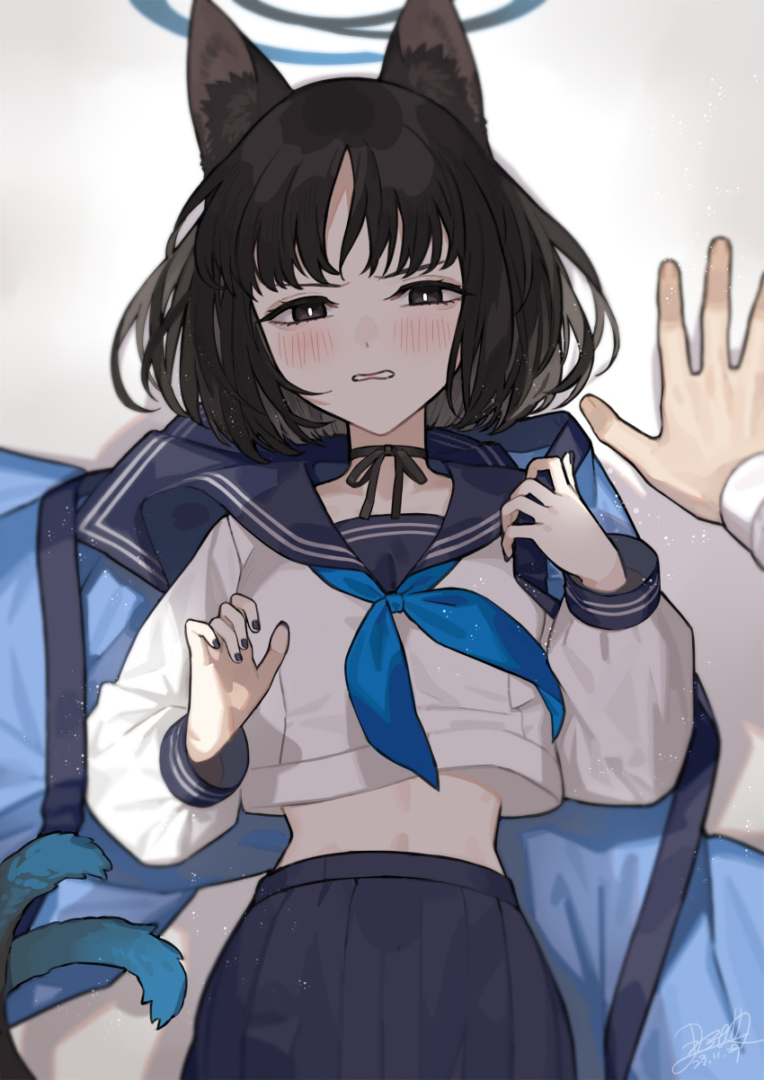 1girl, 1other, animal_ears, black_eyes, black_hair, black_nails, black_sailor_collar, black_skirt