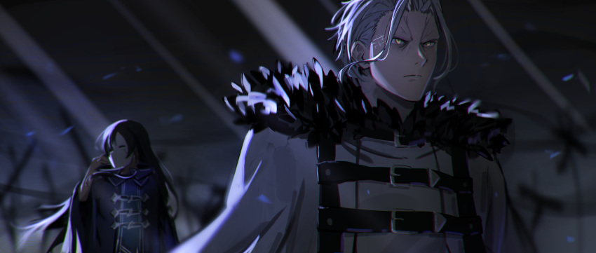 1boy, 1girl, absurdres, blue_coat, closed_mouth, coat, es_limi, fur-trimmed_coat