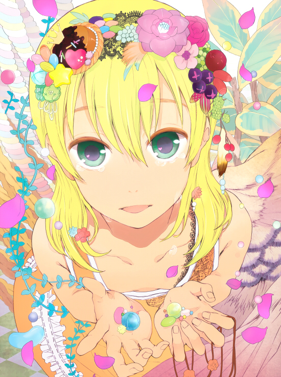 beads, blonde_hair, dress, flower, green_eyes, inazuma_eleven, lace, leaf
