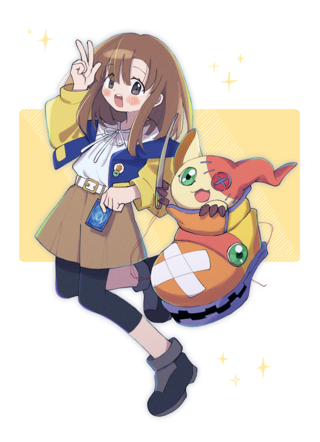 1girl, 3567days, black_footwear, black_pantyhose, blue_jacket, blush_stickers, brown_eyes, brown_hair, button_eyes, card, dark_skin, digimon, digimon_card_game, digimon_liberator, extra_eyes, full_body, green_eyes, holding, holding_card, holding_needle, jacket, kinosaki_arisa, looking_at_viewer, medium_hair, multicolored_clothes, multicolored_jacket, needle, pantyhose, shirt, shoemon, shoes, sparkle, stitched_face, stitches, stuffed_toy, two-tone_jacket, v, white_background, white_shirt, yellow_jacket