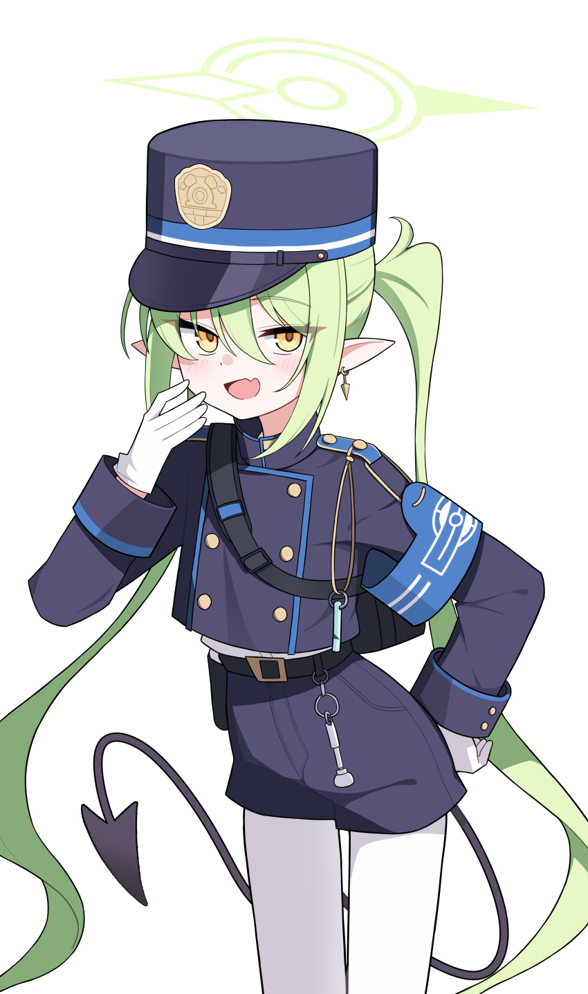 1girl, absurdres, belt, black_belt, black_hat, black_shirt, black_shorts, black_tail