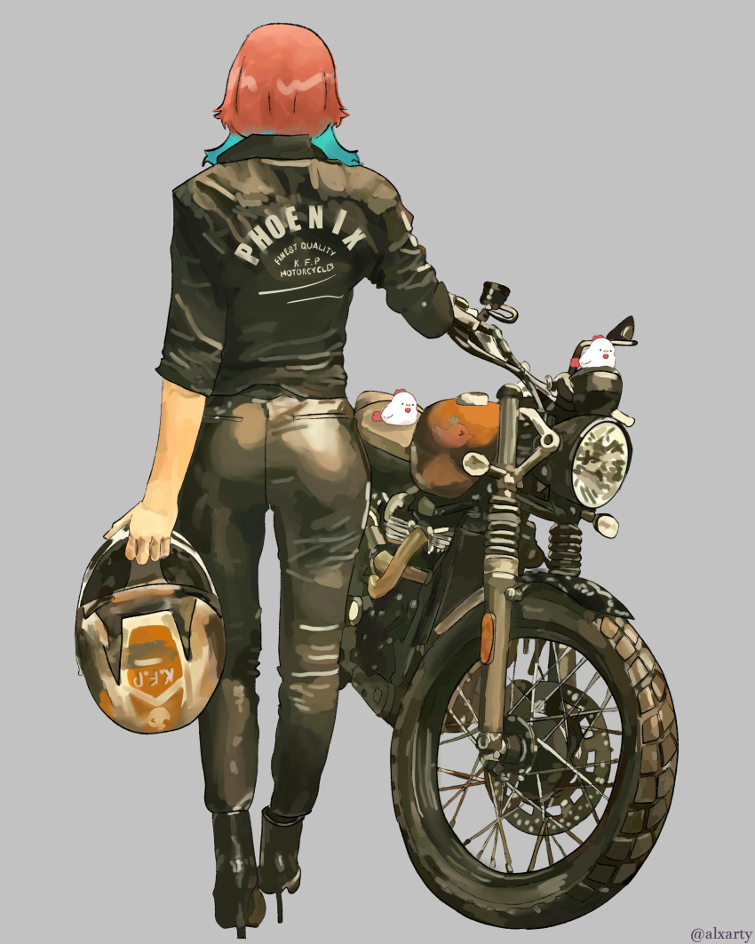 1girl, absurdres, alxarty, ass, biker_clothes, boots, earrings, feather_earrings